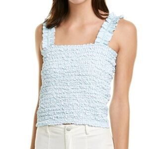 💕 PETERSYN tami smocked tank top in aqua size S blue white stripe ruffle straps